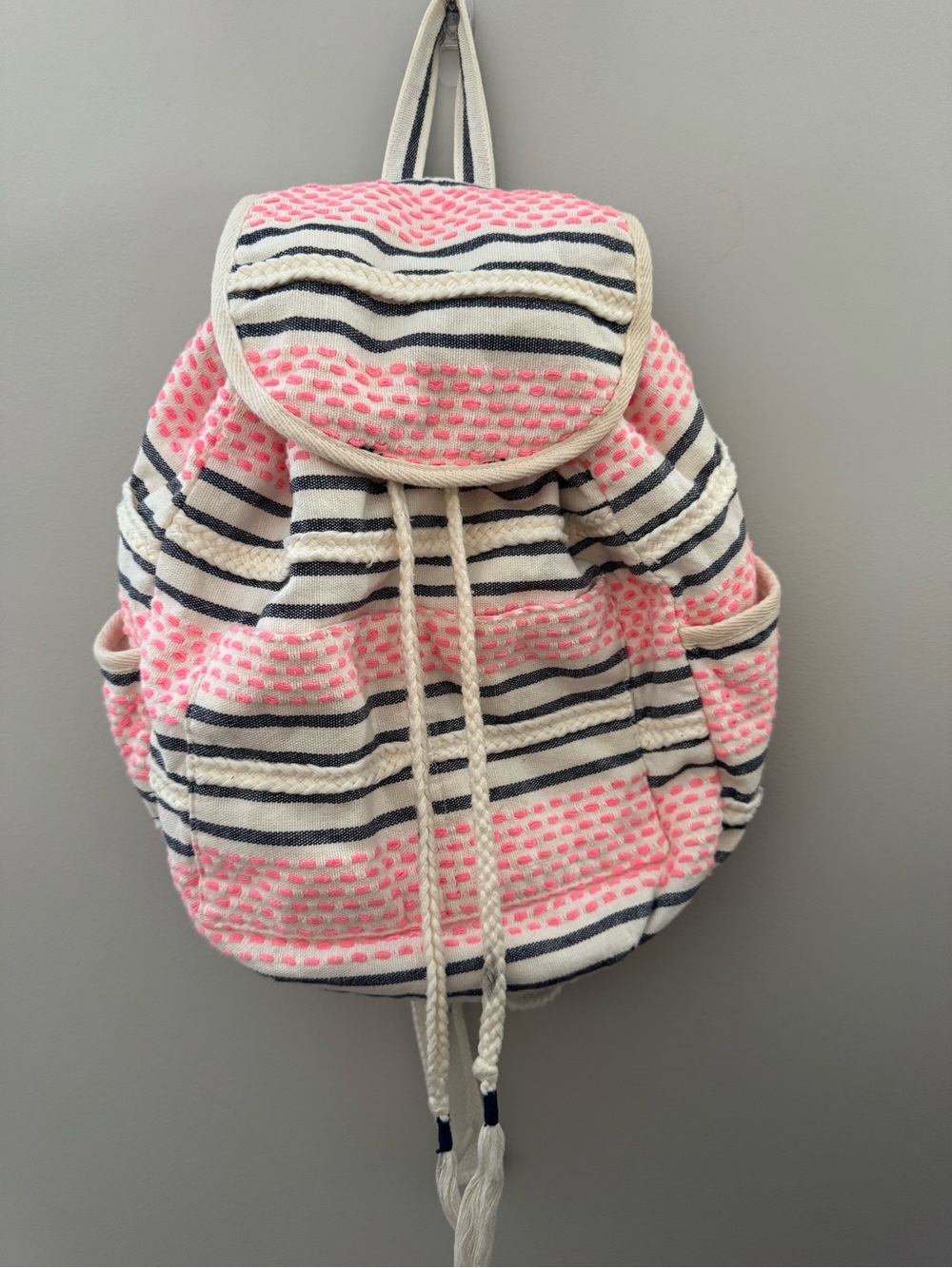American Eagle Outfitters Pink & White Striped Drawstring Backpack